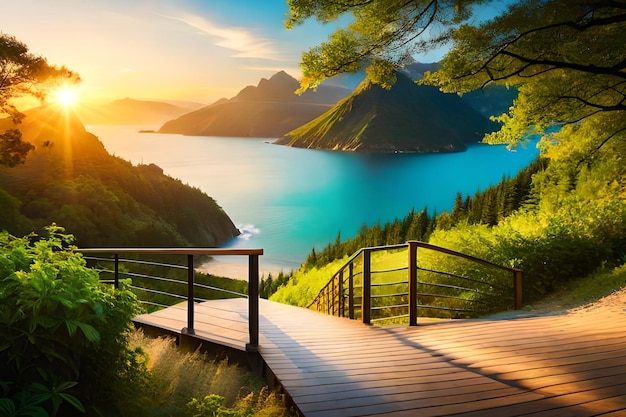 Een landschap met uitzicht op een meer en een houten wandelpad met op de achtergrond een zonsondergang.
