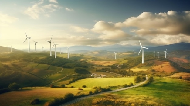 Een landschap met windturbines en een bewolkte lucht