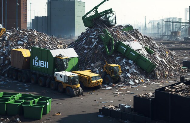 Foto een landschap recycling centrum met drukke activiteit en een vuilniswagen in afval recycling station