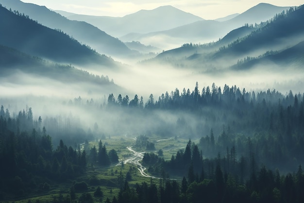 Een landschap van beboste bergen vol mist