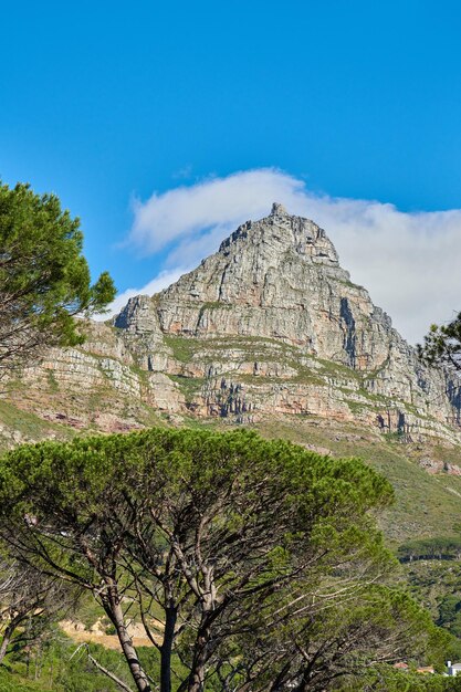 Een landschap van een berg met een bewolkte blauwe hemelachtergrond en kopieerruimte Rustig en schilderachtig uitzicht op een top in de buurt van weelderige groene planten en bomen buiten in de natuur op een zomerdag