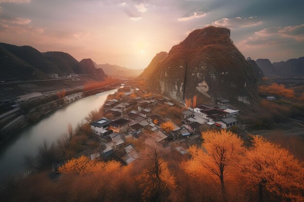 Een landschap van een berg met een rivier en een zonsondergang