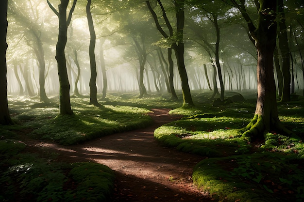 Een landschap van een betoverd bos waar bomen tot leven komen en een zachte etherische gloed uitzenden