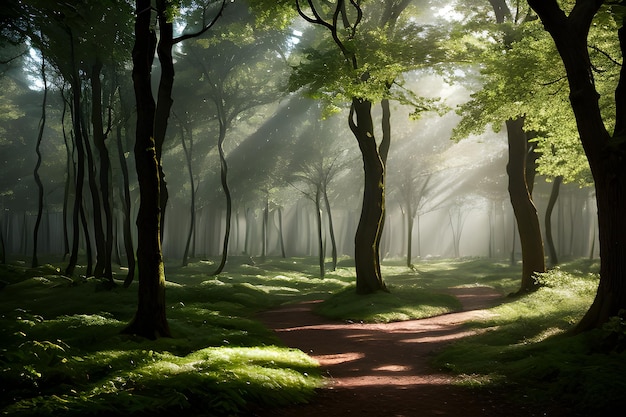 Een landschap van een betoverd bos waar bomen tot leven komen en een zachte etherische gloed uitzenden