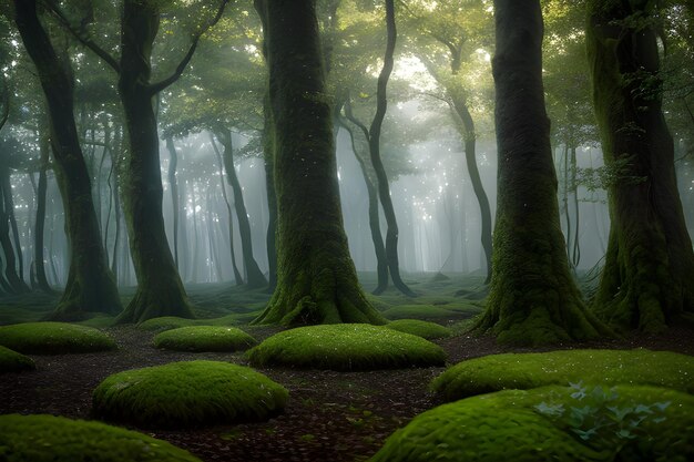 Een landschap van een betoverd bos waar bomen tot leven komen en een zachte etherische gloed uitzenden