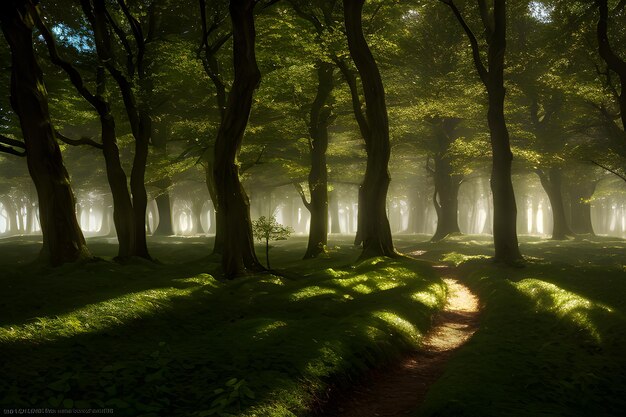 Een landschap van een betoverd bos waar bomen tot leven komen en een zachte etherische gloed uitzenden