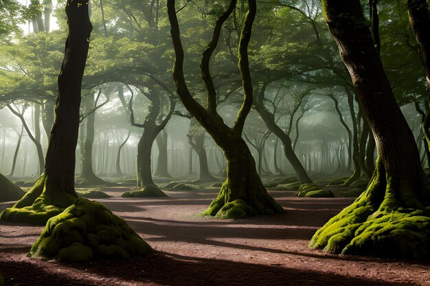 Een landschap van een betoverd bos waar bomen tot leven komen en een zachte etherische gloed uitzenden