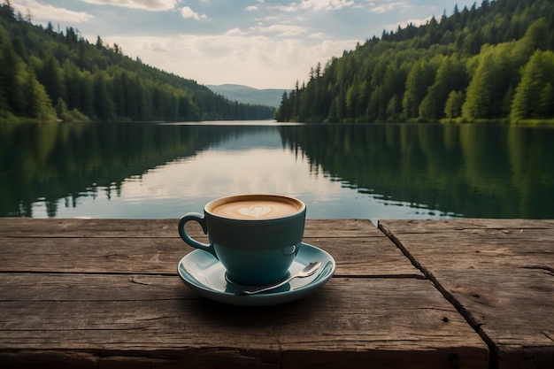 Een landschap van een kop koffie met een meer