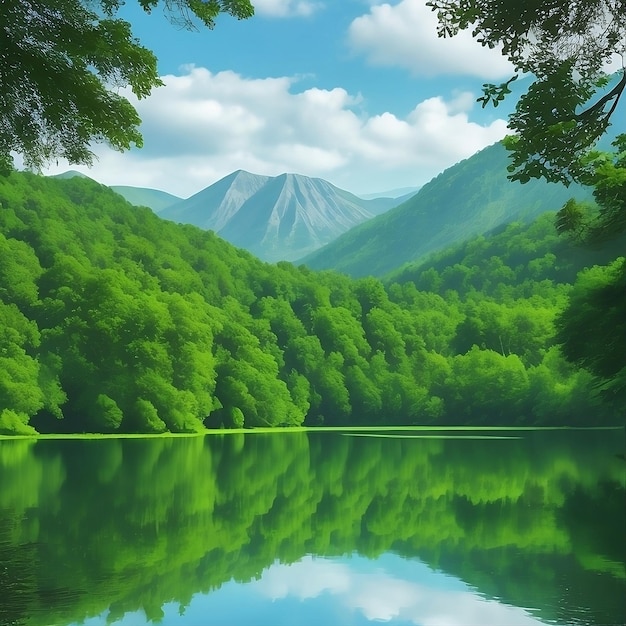 een landschap van een meer met bergen in de achtergrond