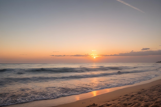 Een landschap van een rustig strand bij zonsondergang met gouden zand zachte golven en een pastelkleurige lucht