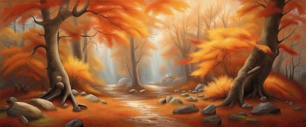 Een landschap van geelachtige bomen en een bergrivier met stenen in het herfstseizoen Generatief