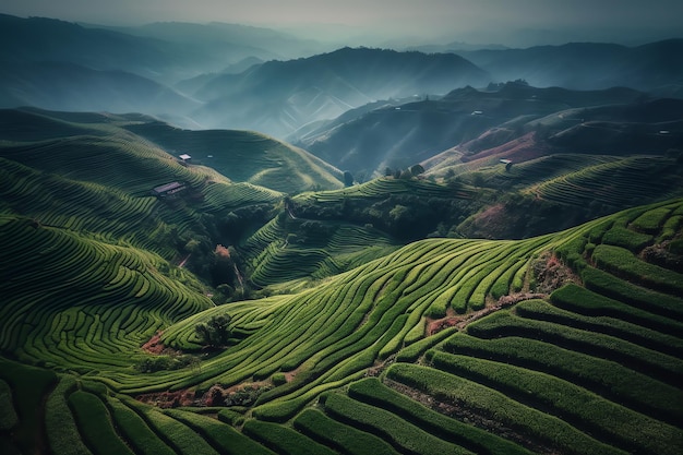 Een landschap van theeaanplantingen in Vietnam