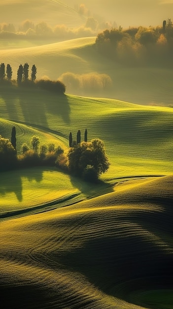 Een landschap van Toscane met bomen op de voorgrond.