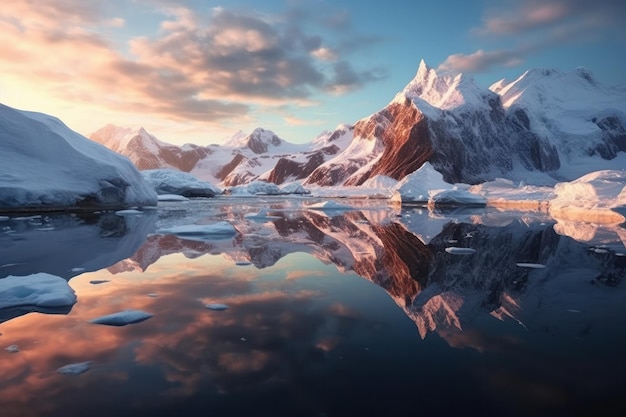 Een landschapsbeeld van bergen en water met een zonsondergang op de achtergrond Antarctica