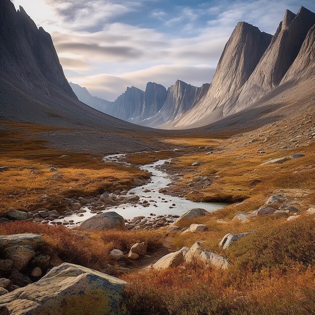 Een landschapsbeeld van een bergdal met op de voorgrond een rivier