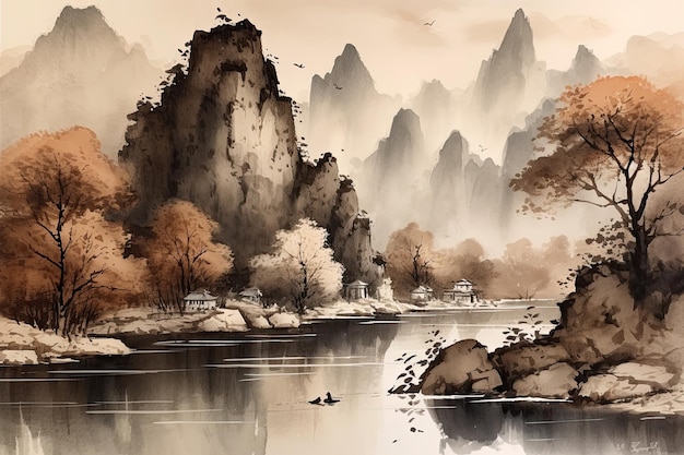 Een landschapsschilderij in de traditionele Chinese stijl met inktwassingen die bergen en een rivier afbeelden Het schilderij vangt de essentie van het genre en roept een gevoel van rust op Generatieve AI