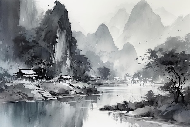 Een landschapsschilderij in de traditionele Chinese stijl met inktwassingen die bergen en een rivier afbeelden Het schilderij vangt de essentie van het genre en roept een gevoel van rust op Generatieve AI