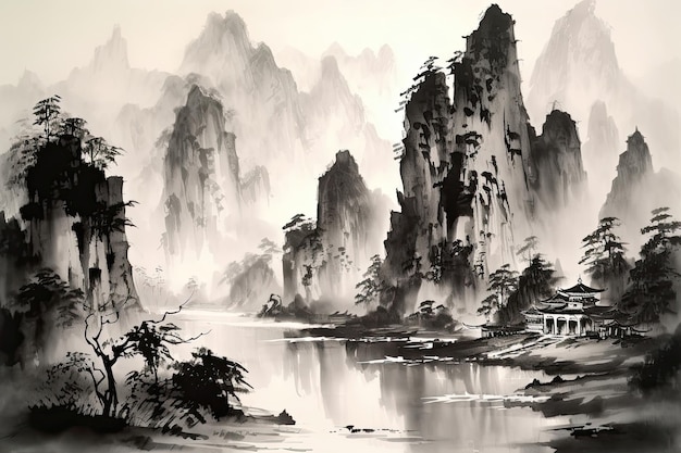 Een landschapsschilderij in de traditionele Chinese stijl met inktwassingen die bergen en een rivier afbeelden Het schilderij vangt de essentie van het genre en roept een gevoel van rust op Generatieve AI