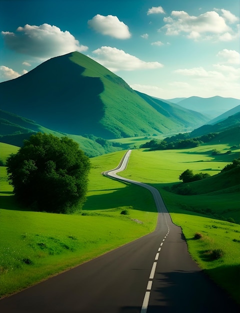 Een landweg door bergen met groen gras en bomen