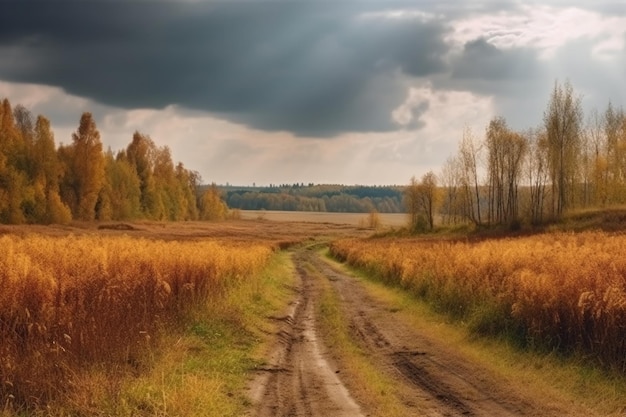 Een landweg in de herfst met een bewolkte lucht