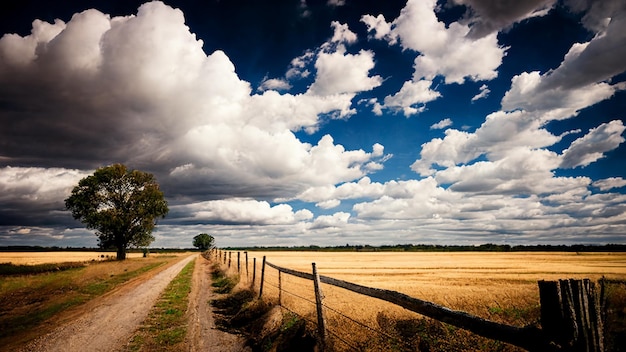 Een landweg in een veld met een hek en wolken