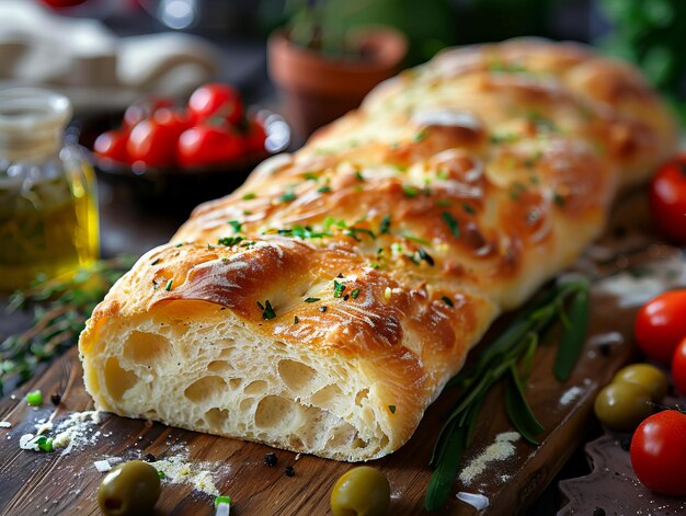 Een lang brood met kruiden en tomaten op een snijplank