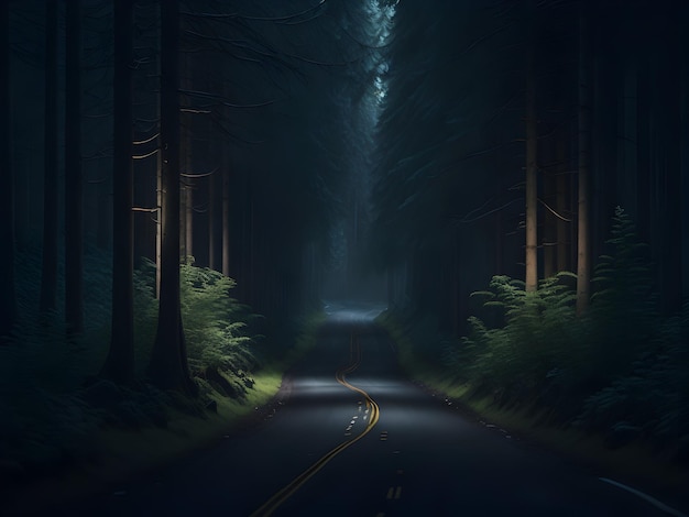 Een lange en mysterieuze weg gehuld in duisternis, omringd door torenhoge bomen