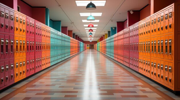 Een lange gang met veel gekleurde lockers extreme close-up Generatieve AI