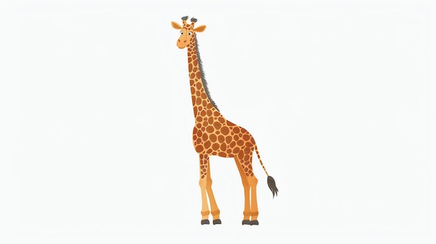 Een lange giraf staat op de witte achtergrond de giraf heeft bruine en bruine vlekken over zijn hele lichaam en een lange nek
