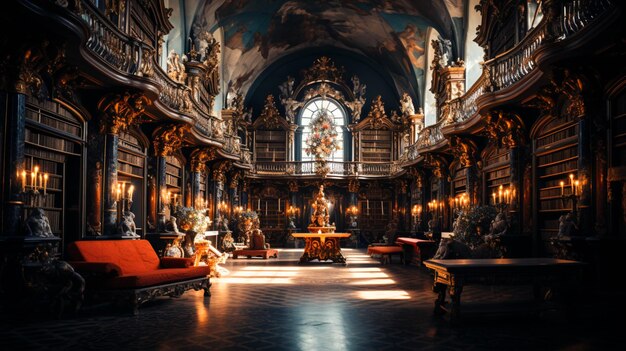 Foto een lange kamer versierd met veel boeken en boekenplanken