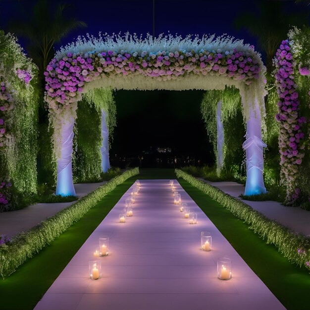 Een lange loopbrug met bloemen en aangestoken kaarsen.