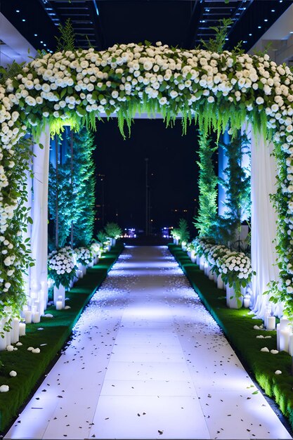 Een lange loopbrug met witte bloemen en groen.