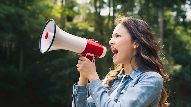 Een lange opname van een vrouw die in een megafoon schreeuwt.