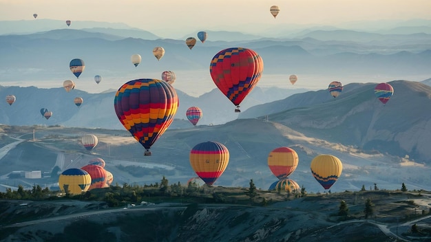 Een lange opname van veelkleurige luchtballonnen die boven de bergen drijven