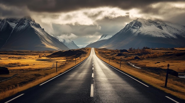 Een lange rechte weg die leidt naar een met sneeuw bedekte berg in Nieuw-Zeeland