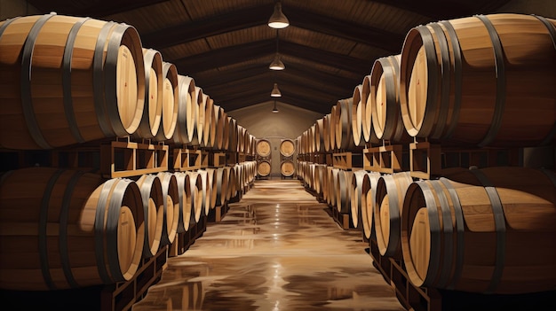 Een lange rij houten wijnvaten in een wijnkelder Generatieve AI