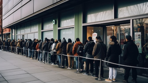 Een lange rij winkelend publiek wacht buiten een winkel op Black Friday