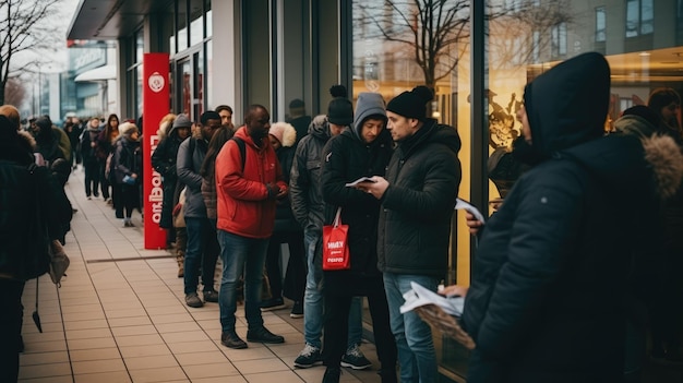 Een lange rij winkelend publiek wacht buiten een winkel op Black Friday