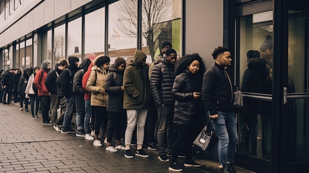 Foto een lange rij winkelend publiek wacht buiten een winkel op black friday