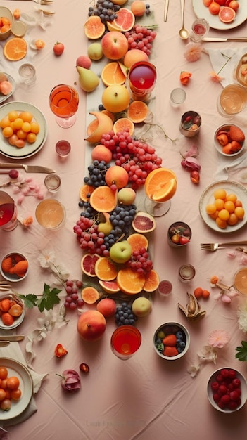 Een lange tafel met daarop borden fruit generatief ai beeld