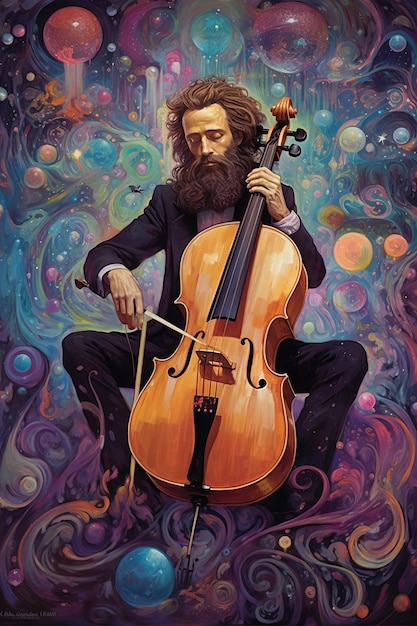 Een langharige, bebaarde muzikant speelt een grote cello