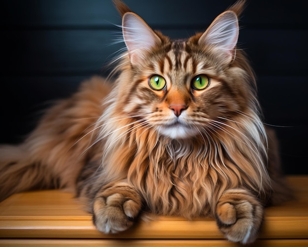een langharige kat met groene ogen zittend op een tafel
