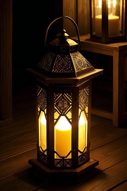 een lantaarn bovenop een houten vloer