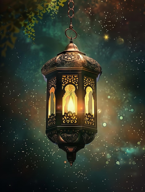 Een lantaarn die aan een ketting in de nachtelijke hemel hangt