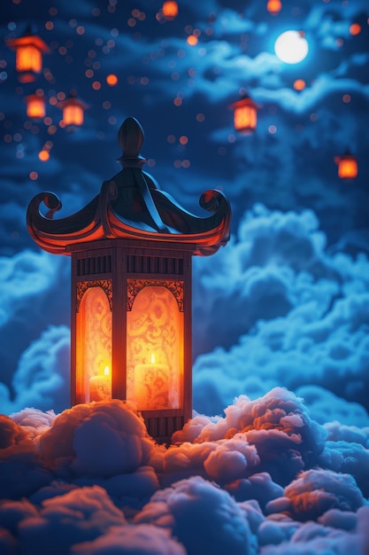 Een lantaarn drijft te midden van een hemel gevuld met talrijke glinsterende lantaarn creëert een surrealistische en enchan