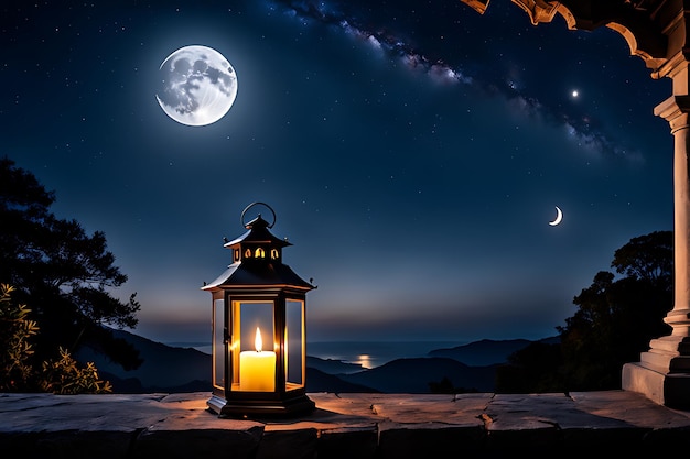 Foto een lantaarn en een maan in de lucht met een volle maan op de achtergrond