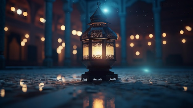 Een lantaarn in de nacht met lichten aan