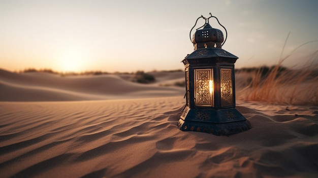 Een lantaarn in de woestijn bij zonsondergang