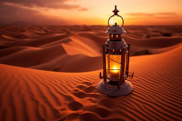 Een lantaarn in de woestijn bij zonsondergang