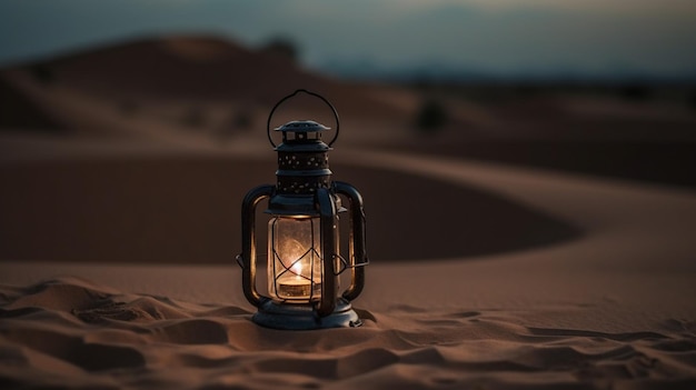 Een lantaarn in de woestijn met daarachter de ondergaande zon